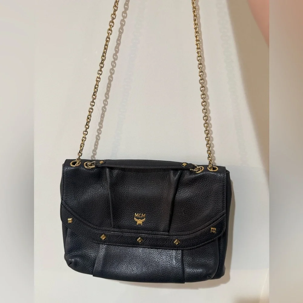 MCM Black Pebbled Leather Studded Flap Shoulder Bag w/ Chain Strap Vintage rare